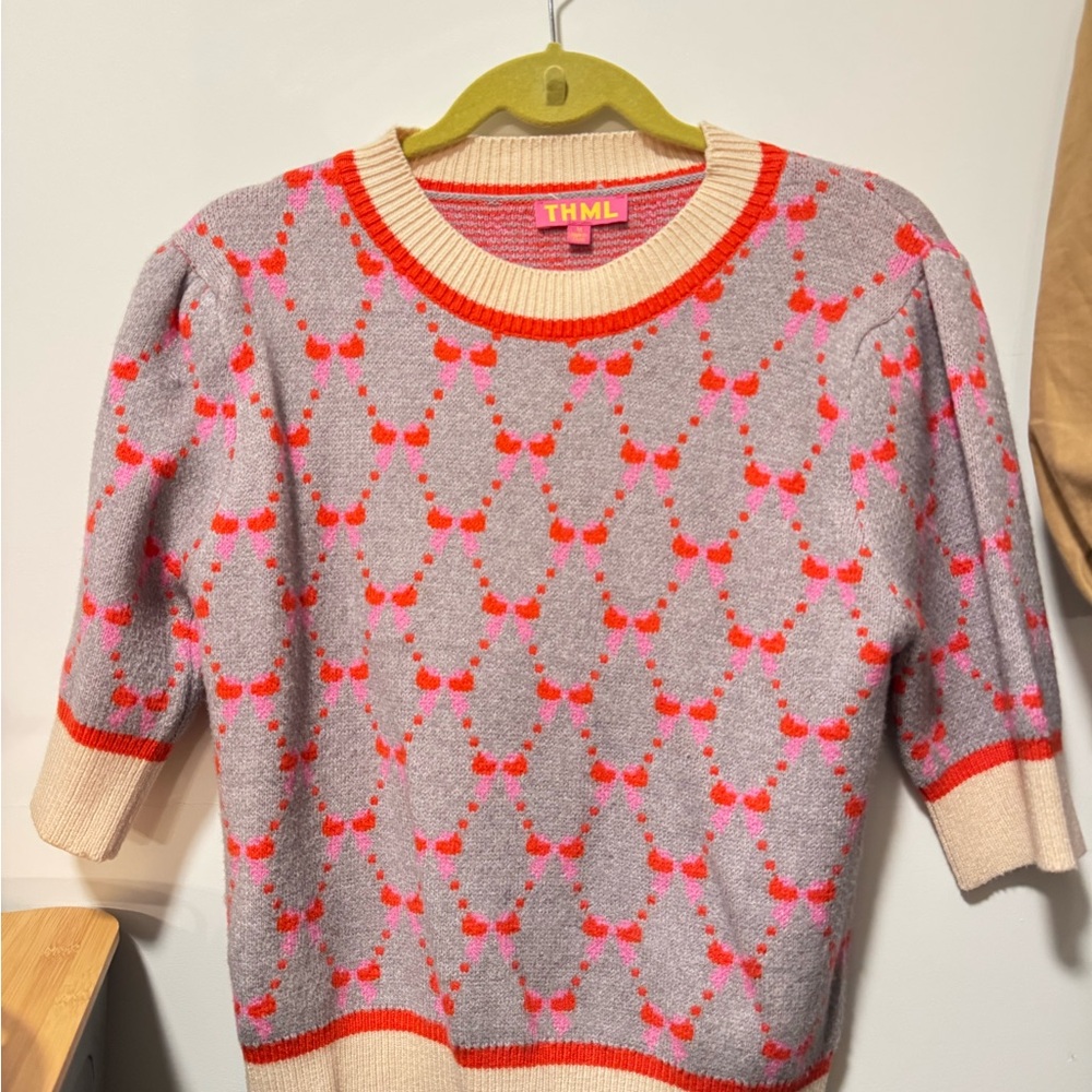 THML Women's Sweater in Gray and Pink with Cream Accents